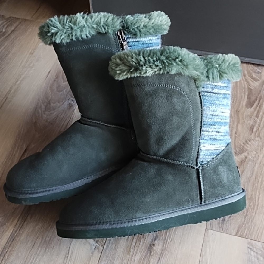 Lamo Green Ankle Boots with Fur Trim